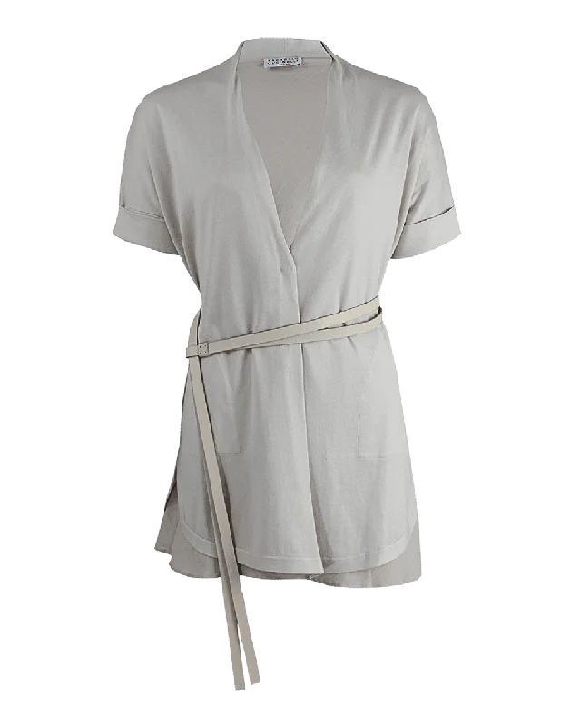 Short Sleeve Cotton Cardigan with Belt Artistic Women's Hand - painted