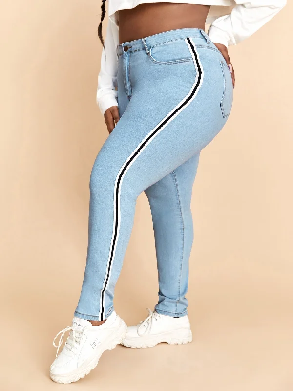 Striped Tape Natural Long Plus Size Jeans