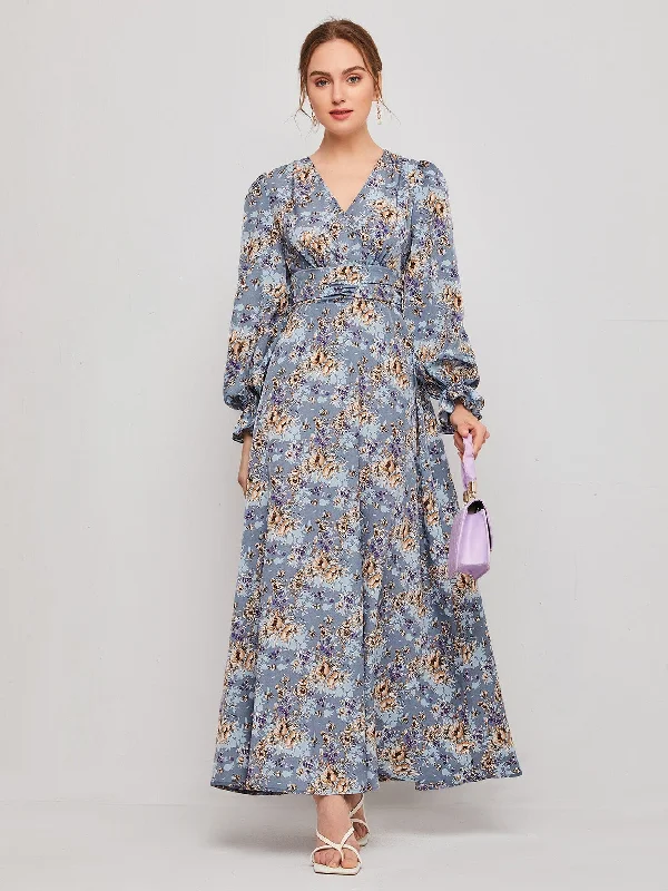 All Over Print Zipper Long Sleeve V Neck Flared High Waist Maxi Dress