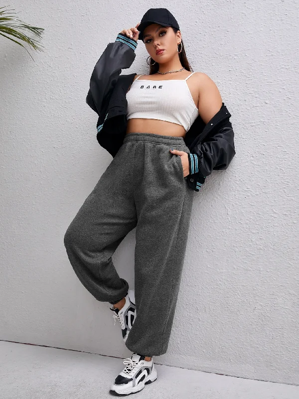 Plain Pocket Natural Long Plus Size Sweatpants