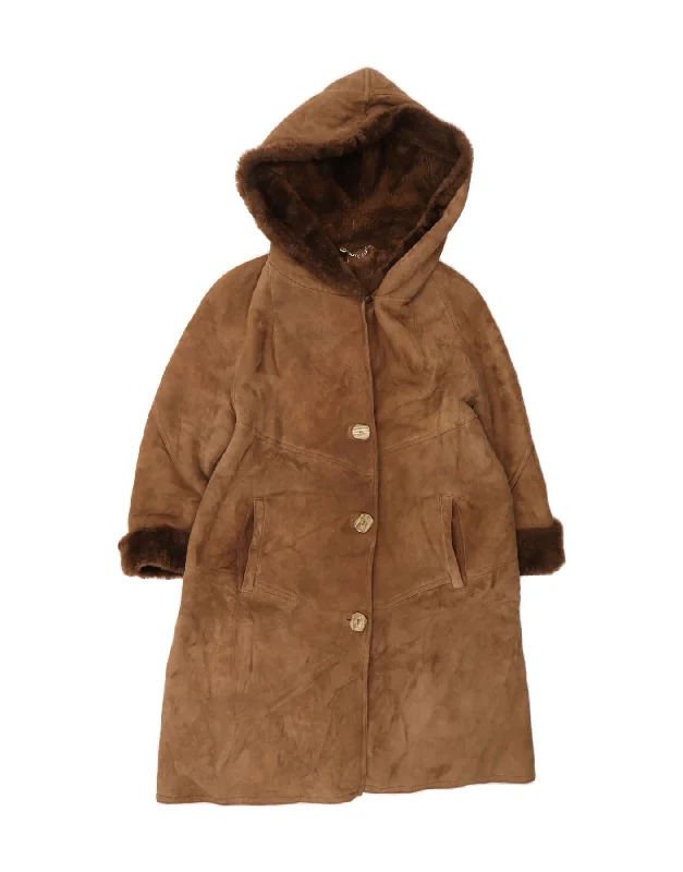 VINTAGE Womens Oversized Hooded Coat UK 14 Medium Brown Shearling Refined Women's 