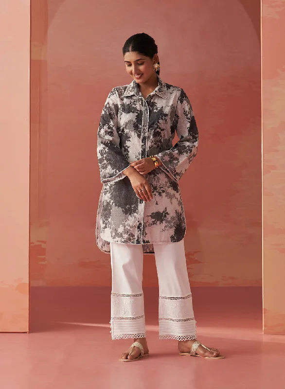 Zareena Grey Printed Schiffli Cotton Shirt Trendy Women's 