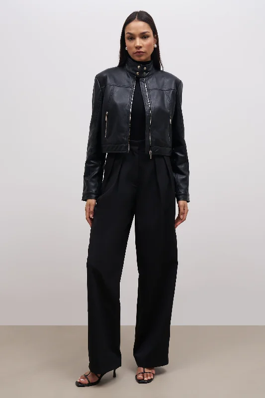 Leather Biker Jacket - Black Traditional Women's Wool