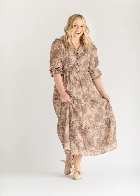 Printed Tiered Long Sleeve Maxi Dress