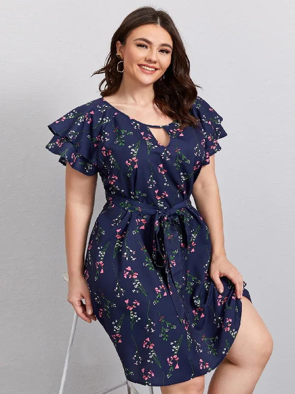 Boho Floral Tiered Layer Short Sleeve Keyhole Neckline Flared Natural Short Plus Size Dress