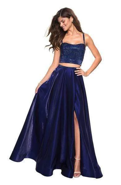 La Femme - 27607 Two Piece Rhinestone Accented Satin A-line Dress Hip Women's Retro