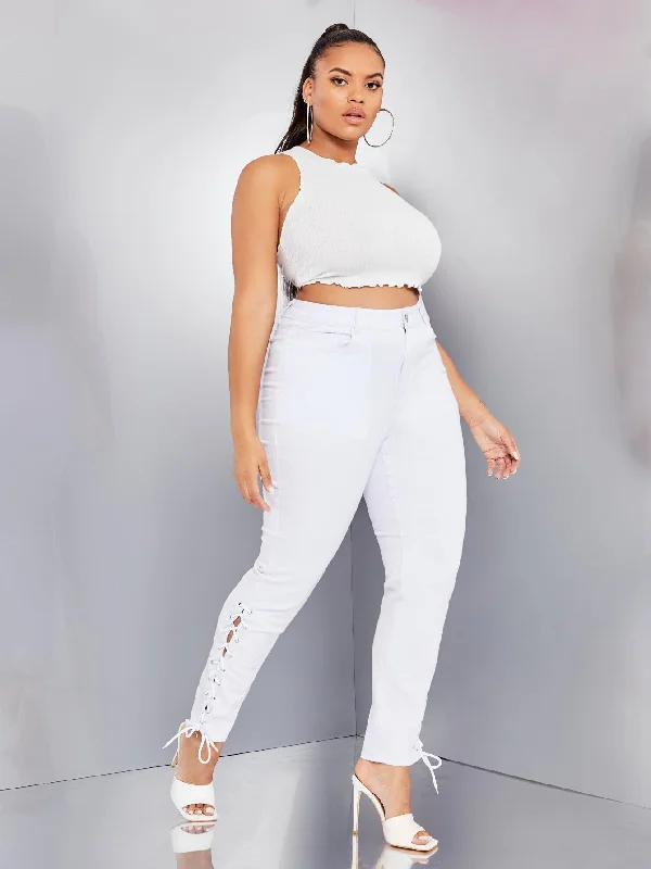 Plain Grommet Eyelet High Waist Long Plus Size Jeans