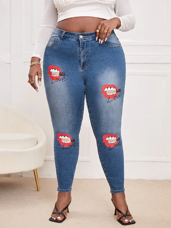 Letter Zipper High Waist Long Plus Size Jeans