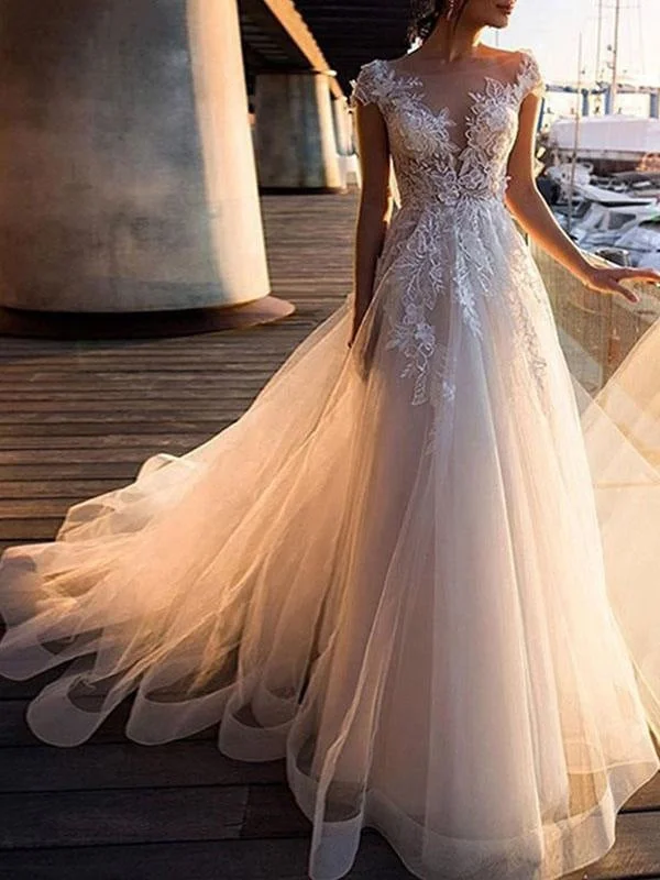 Wedding Dresses A Line Tulle V Neck Short Sleeves Lace Bridal Dresses With Train