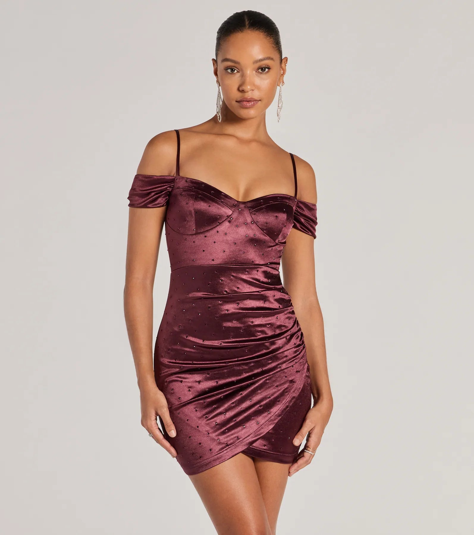 Luxe Cold-Shoulder Rhinestone Satin Mini Dress Business