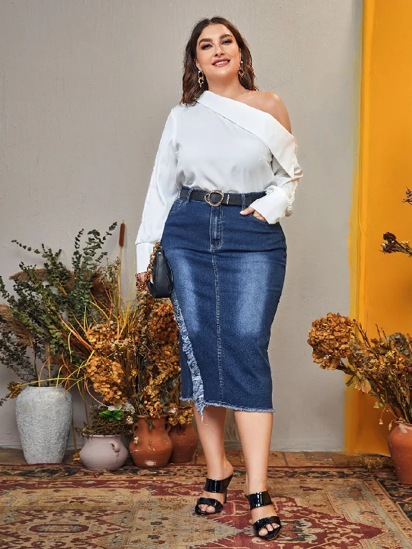 Plain Zipper Drop Waist Midi Plus Size Denim Skirt