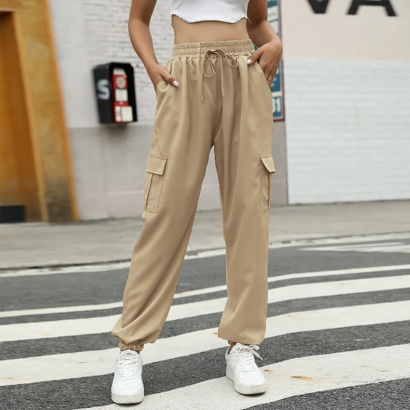 Casual Drawstring Solid Color Pockets Overalls Wholesale Pants