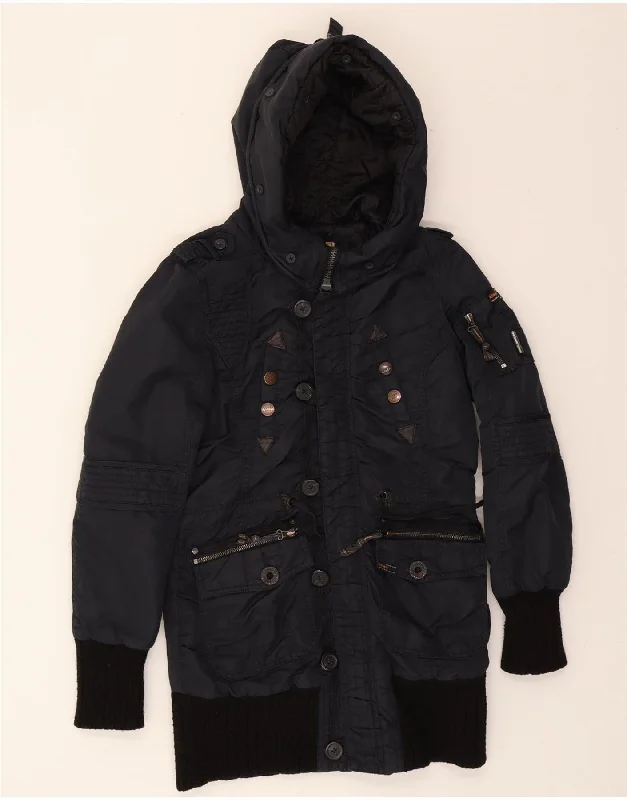 KHUJO Womens Hooded Windbreaker Coat UK 12 Medium Navy Blue Nylon Hip Women's Urban