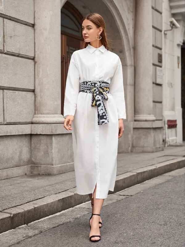 Chain Print Button Front Long Sleeve Collar Straight Natural Long Dress