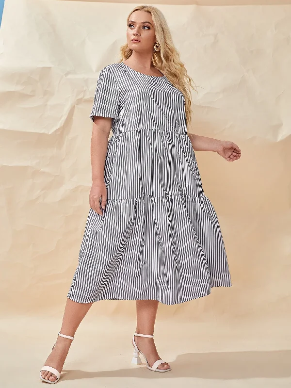 Casual Striped Ruffle Hem Short Sleeve Round Neck Flounce High Waist Long Plus Size Dress