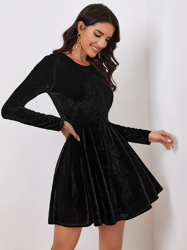 Plain Zipper Long Sleeve Round Neck Ball Gown High Waist Short Dress