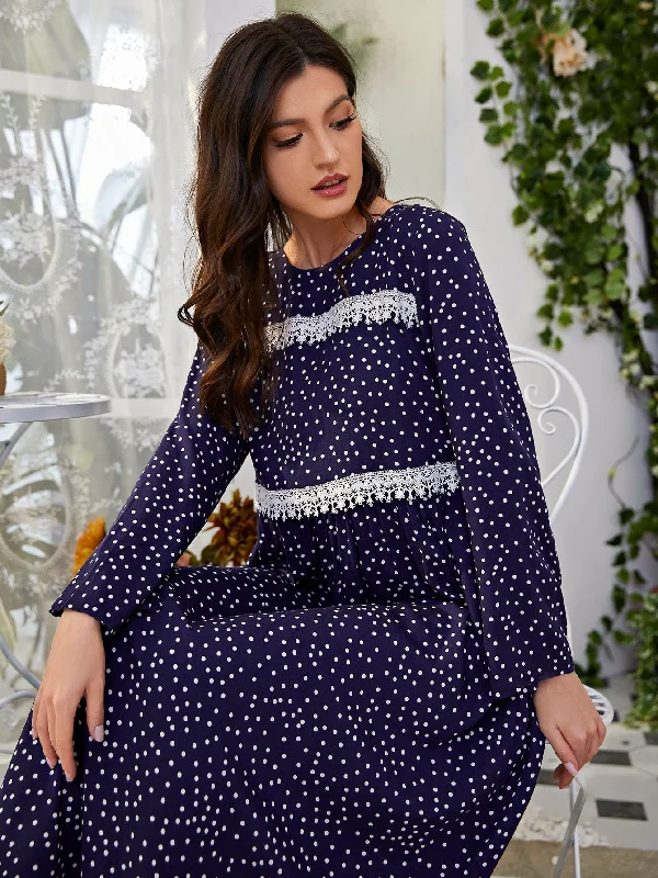 Polka Dot Contrast Lace Long Sleeve Round Neck Flared Natural Long Dress