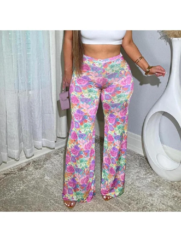 Colorblock Floral Print Flare Leg Pants