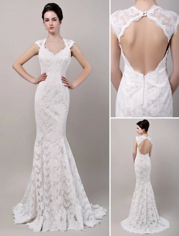 Mermaid Sweetheart Chapel Train Open Back Lace Wedding Dress