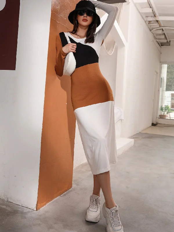 Colorblock Long Sleeve Scoop Neck Straight Natural Long Dress