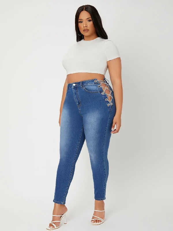 Plain Zipper High Waist Long Plus Size Jeans