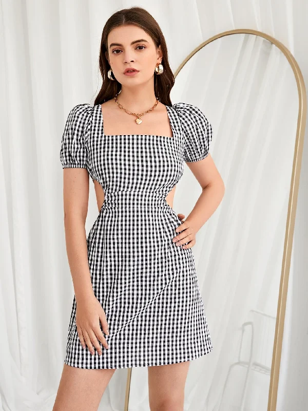 Gingham Lace Up Short Sleeve Square Neck Flared High Waist Mini Dress