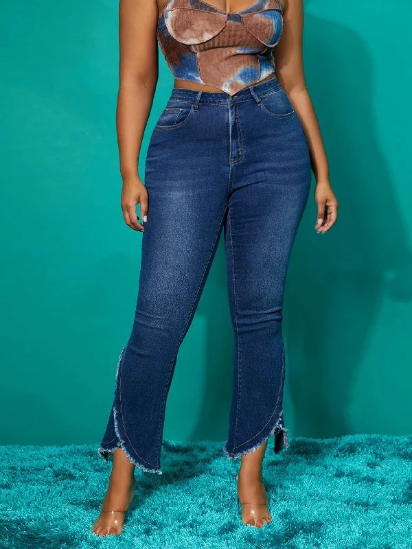 Plain Zipper High Waist Long Plus Size Jeans