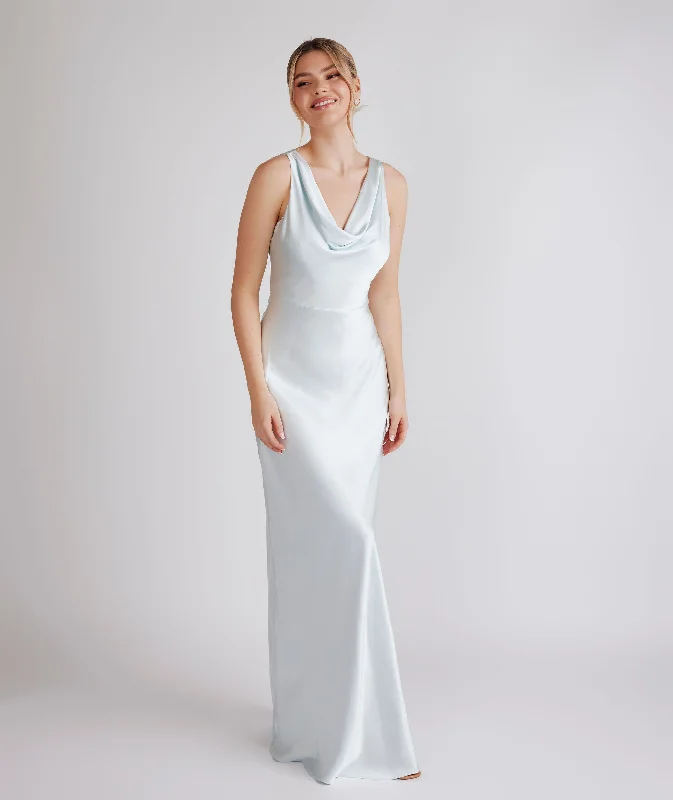 Cowl Front Satin Bridesmaid Dress - Ice Blue