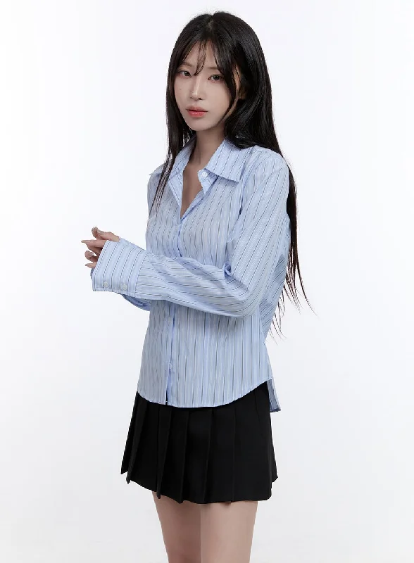 Stripe Button-Up Collared Shirt CO418 Dapper Women's Bow - adorned