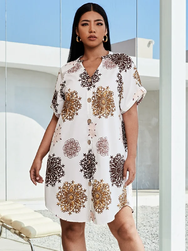 Casual Graphic Button Front Short Sleeve Notched Straight Natural Short Plus Size Dress