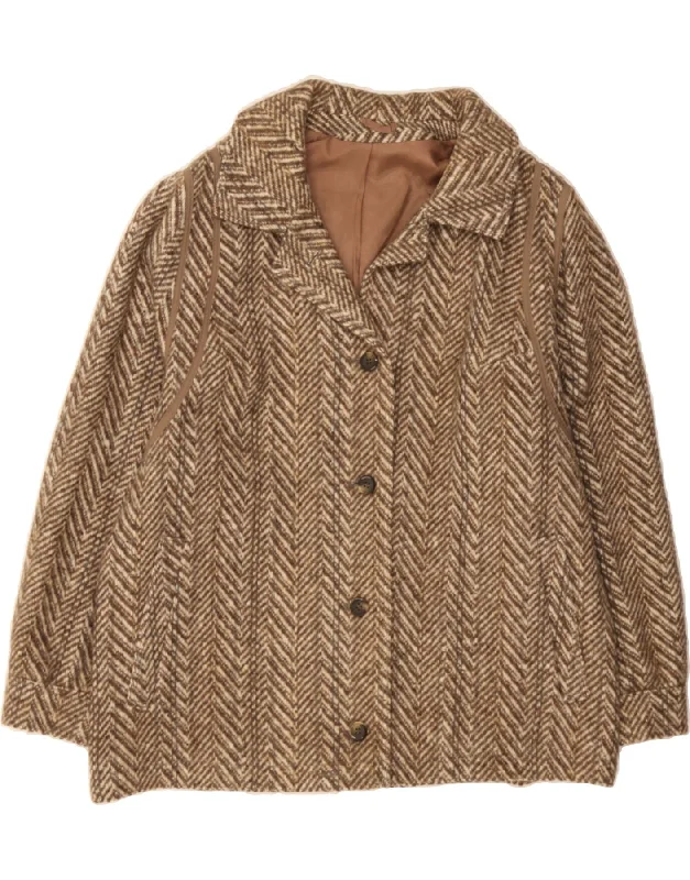 VINTAGE Womens Overcoat UK 18 XL Brown Chevron Wool Modern Women's 