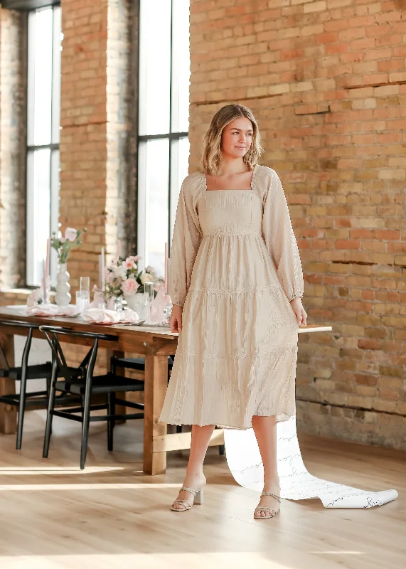 Square Neck Long Sleeve Embroidered Tiered Dress