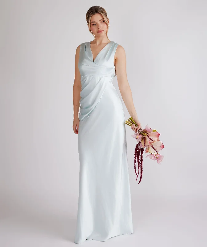 Plunge Drape Detail Satin Bridesmaid Dress - Ice Blue