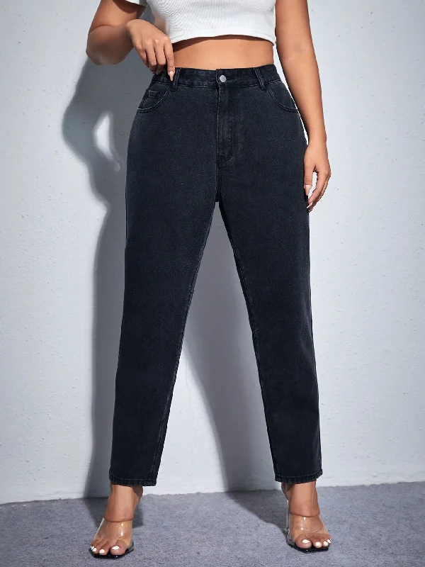 Plain Pocket High Waist Long Plus Size Jeans