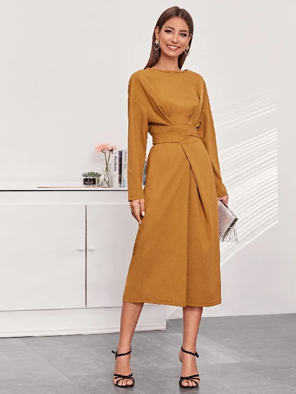 Plain Tie Back Long Sleeve Round Neck Straight High Waist Long Dress