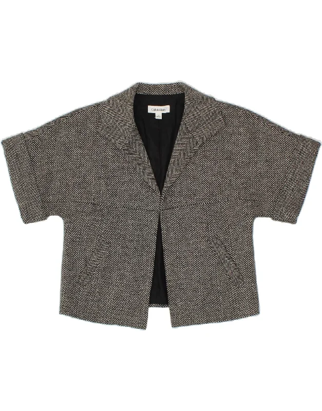 CALVIN KLEIN Womens Crop Open Blazer Jacket UK 10 Small Black Herringbone Relaxed Women's Beachy CALVIN KLEIN Womens Crop Open Blazer Jacket UK 10 Small Black Herringbone Relaxed Women's Beachy