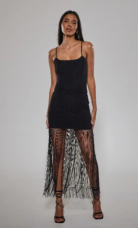 Black Fringe Trim Corset Dress