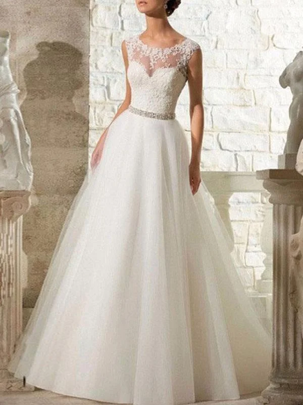 Wedding Dresses 2021 A Line Beaded Jewel Neck Sleeveless Floor Length Tulle Traditional Bridal Dress With Train