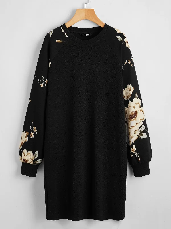 Floral Long Sleeve Round Neck Straight Natural Short Dress