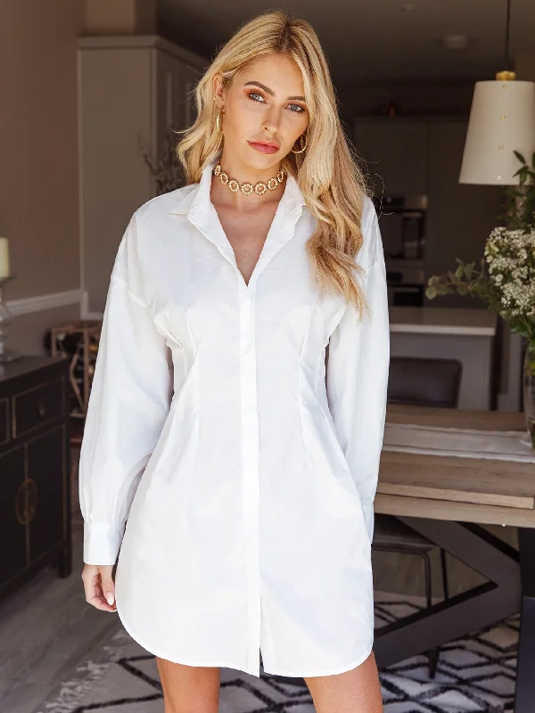 Plain Button Front Long Sleeve Collar Straight Natural Short Dress