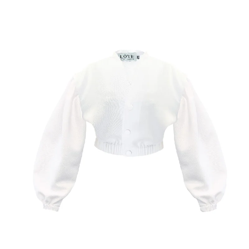 Off-white denim jacket with buff sleeves. Sophisticated Women's Tailored