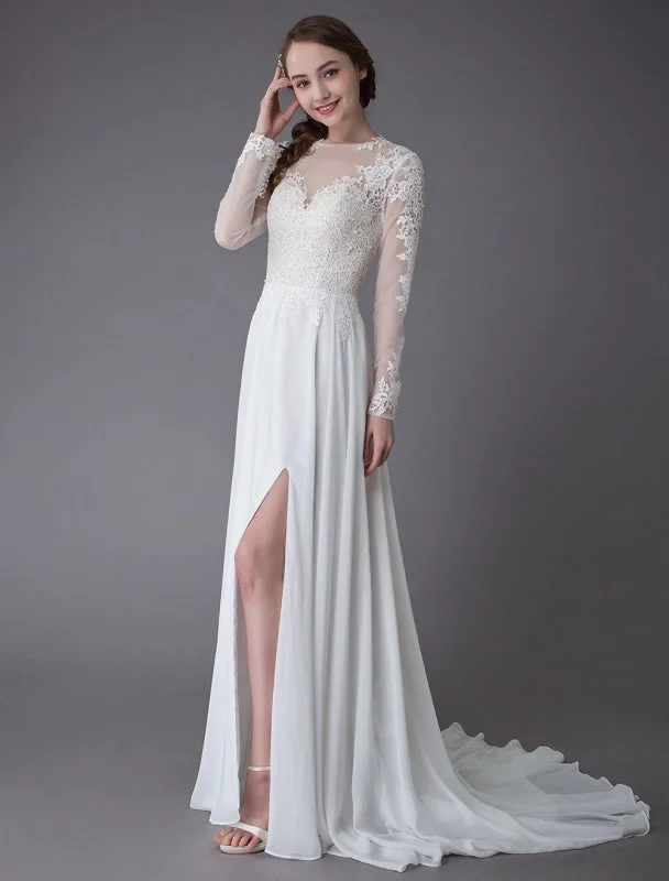 Wedding Dresses Long Sleeve Lace Chiffon Sexy High Split Illusion Summer Bridal Gowns Exclusive