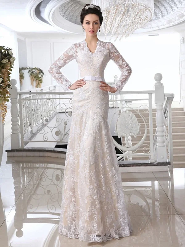 Wedding Dresses Lace Champagne Bridal Dress V Neck Long Sleeve Illusion Sheath Bow Sash Floor Length Wedding Gown