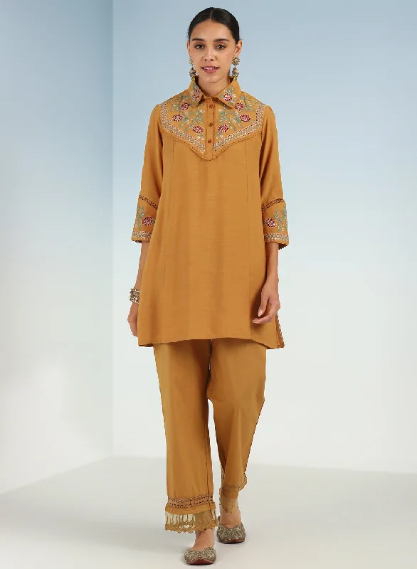 Mustard Embroidered Tunic for Women with Classic Collar Refined Women's Classic 