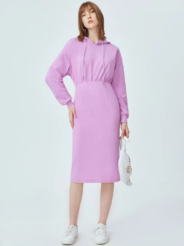 Plain Drawstring Long Sleeve Hooded Pencil High Waist Midi Dress