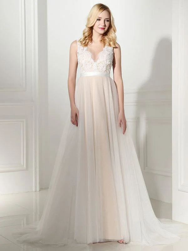 Simple Wedding Dress Tulle Jewel Neck Sleeveless Pearls A Line Bridal Gowns