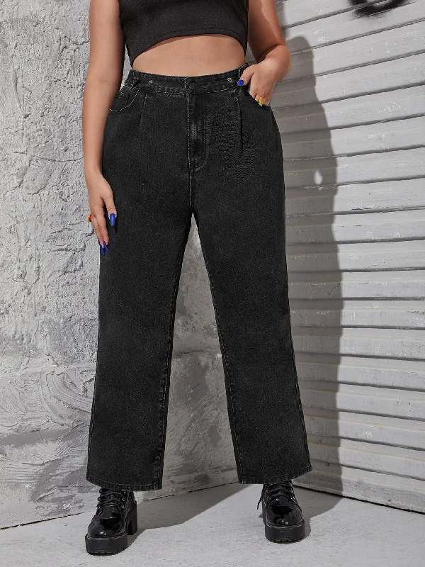 Plain Zipper High Waist Long Plus Size Jeans