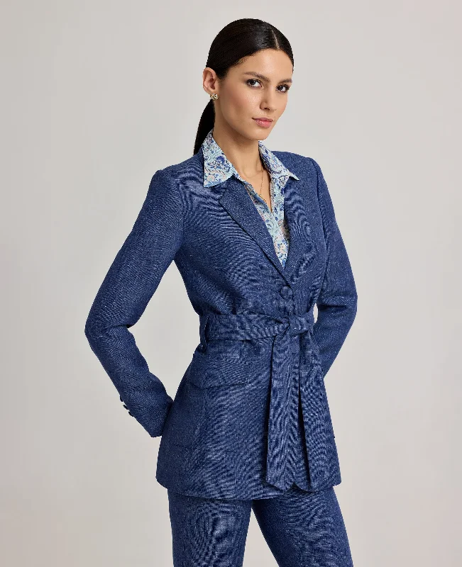 Arlet Wool Linen Tie Belted Jacket Denim Confident Women's Power