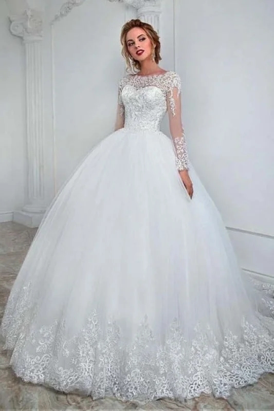 White Aline Wedding Gown Long Sleeves Tulle Bridal Dress with Lace Appliques