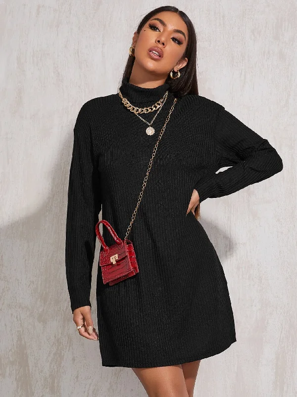 Plain Rib-Knit Long Sleeve Stand Collar Straight Natural Short Dress